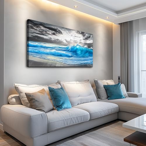 PHAOHUAXM Beach Wall Pictures Canvas Artworks Large Wall Decor For Living Room Canvas Wall Art For Bedroom Office Decorations Blue Sea Wave Ocean Paintings Modern Inspiration Home Decor 20x40 In