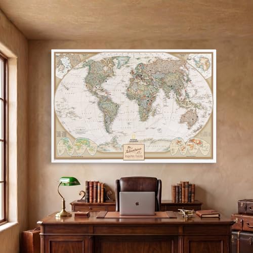 Image of Executive World Map with Pins - Detailed National Geographic Canvas Travel Map - Extra Large Modern Frameless Wall Art - Gallery Wrap - 34 inch x 51 inch