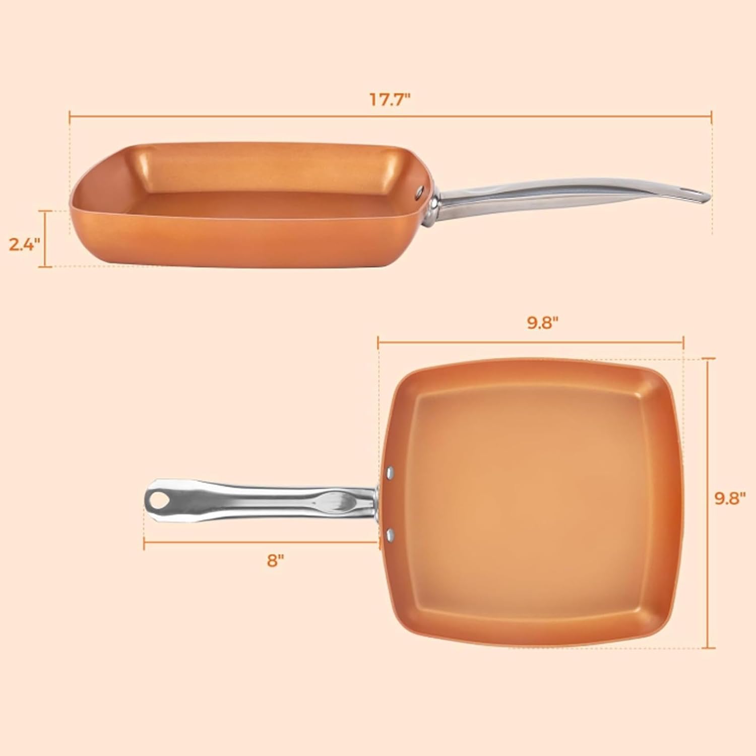 Yosoo Health Gear Frying Pan Copper Color Aluminum Alloy Stainless Steel Anti Stick Square Skillet with Compound Bottom Non Stick Ceramic Coating Oven Dishwasher Safe Cooking pots and Pans - Image 2