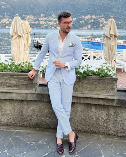 Mens Suit 2 Piece Slim Fit Seersucker Suit for Men Summer Beach Wedding Suits4