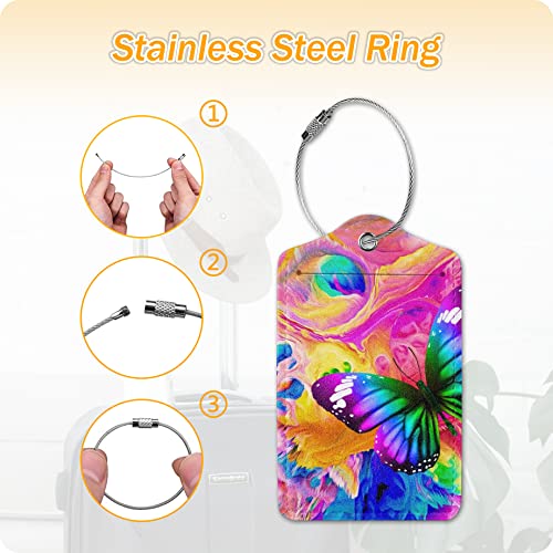Image of Butterfly Leather Cruise Luggage Tags for Suitcases With Stainless Steel Loop Privacy Cover ID Label Travel Bag Luggage Identifiers for Women Men Travel, Set of 2
