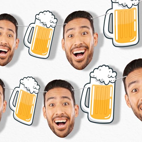 Big Dot of Happiness Custom Cheers and Beers Face Cut Out Garland Banner Personalized Adult Birthday Party Decor 30 Feet of Cord 5 Photo Face Cutouts 5 Beer Mugs