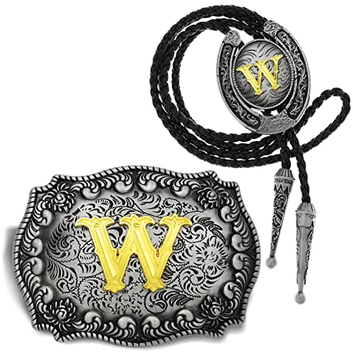 Yjfeshion 2 Stuks Western Cowboy Riem Gesp Bolo Tie Set Gouden Initial Letter ABCJ tot Z Rodeo Riem Gespen voor Vrouwen Mannen, W, L