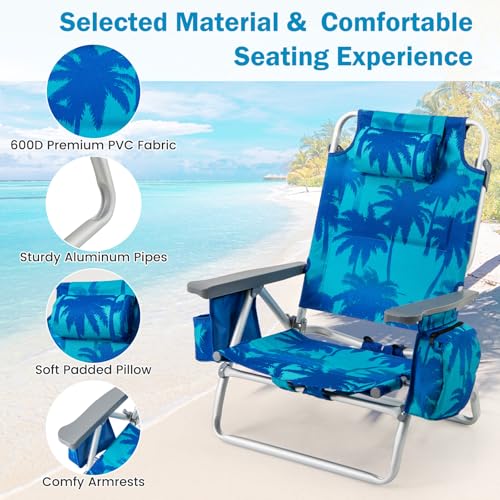 Image of Giantex Folding Beach Chair, Patio Sling Chairs with 5 Adjustable Position, Head Pillow, Storage Bag, Towel Bar, Cup Holders, Backpack Chairs for Sunbathing, Camping Chair
