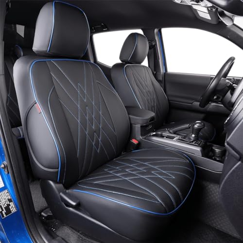 Image of EKR Custom Fit Tacoma Front Car Seat Covers for Toyota Tacoma 2016 2017 2018 2019 2020 2021 2022 2023 Double Cab /Access Cab - Front Row Only, Faux Leather(Black with Blue Trim)
