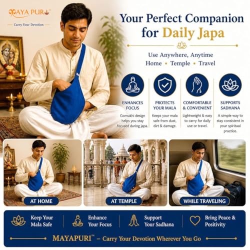 Image of Original Pure Cotton Gomukhi Japa Mala Bag /Chanting Bag or Beads Bag /Jholi /Thole with Zip Pocket and Sakshi Mala Counter (Blue)