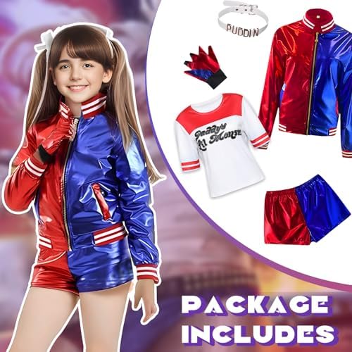 DreamJ Kids Harley Halloween Costume Girls Joker Cosplay Costume with Jacket Shorts Gloves T-Shirt and Necklace 2 51TkCe0TkLL. AC