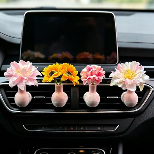 Image of Set of 4 Cute Flower Bouquet Car Air Freshener Vent Clips, Mini Artificial Flowers for Car Air Vent Decoration, Auto Interior Dashboard Ornament Accessories (Sunflower)