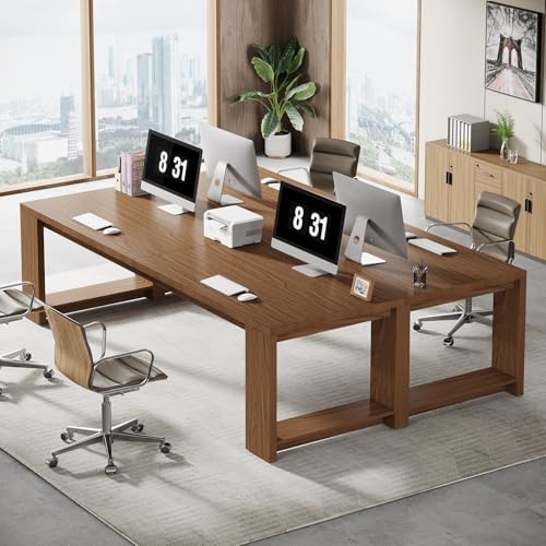 Image of Tribesigns Two Person Desk, 86.6-Inch Extra Long Desk, Double Computer Writing Table, Wood Large Desks Workstation for Home Office, Walnut