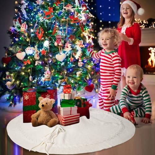 Saia de árvore de Natal branca de 45,7 cm, mini saia de árvore de tricô de cabo, decorações de árvor