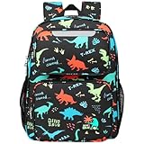 BrainyBees Kids Backpack for Boys - 15 Inch Dinosaur Backpack for Kids Ages 3 to 8, School Bookbag for Preschool Kindergarten Elementary 1st 2nd Grade, Insulated Pocket, Reflective Stripe, Black