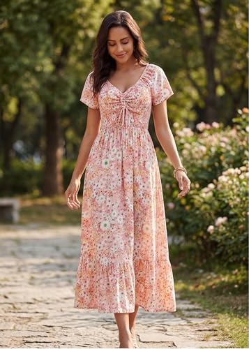Image of Summer Smocked Boho Maxi Dress for Women 2026 Short Sleeve Floral Smocked Flowy Ruffled Beach Vacation Dresses Lightweight