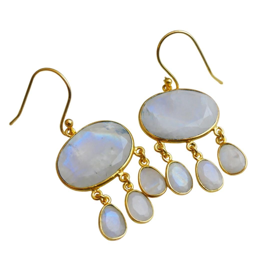Aretes colgantes de plata esterlina chapados en oro con forma de candelabro de Piedra de la luna