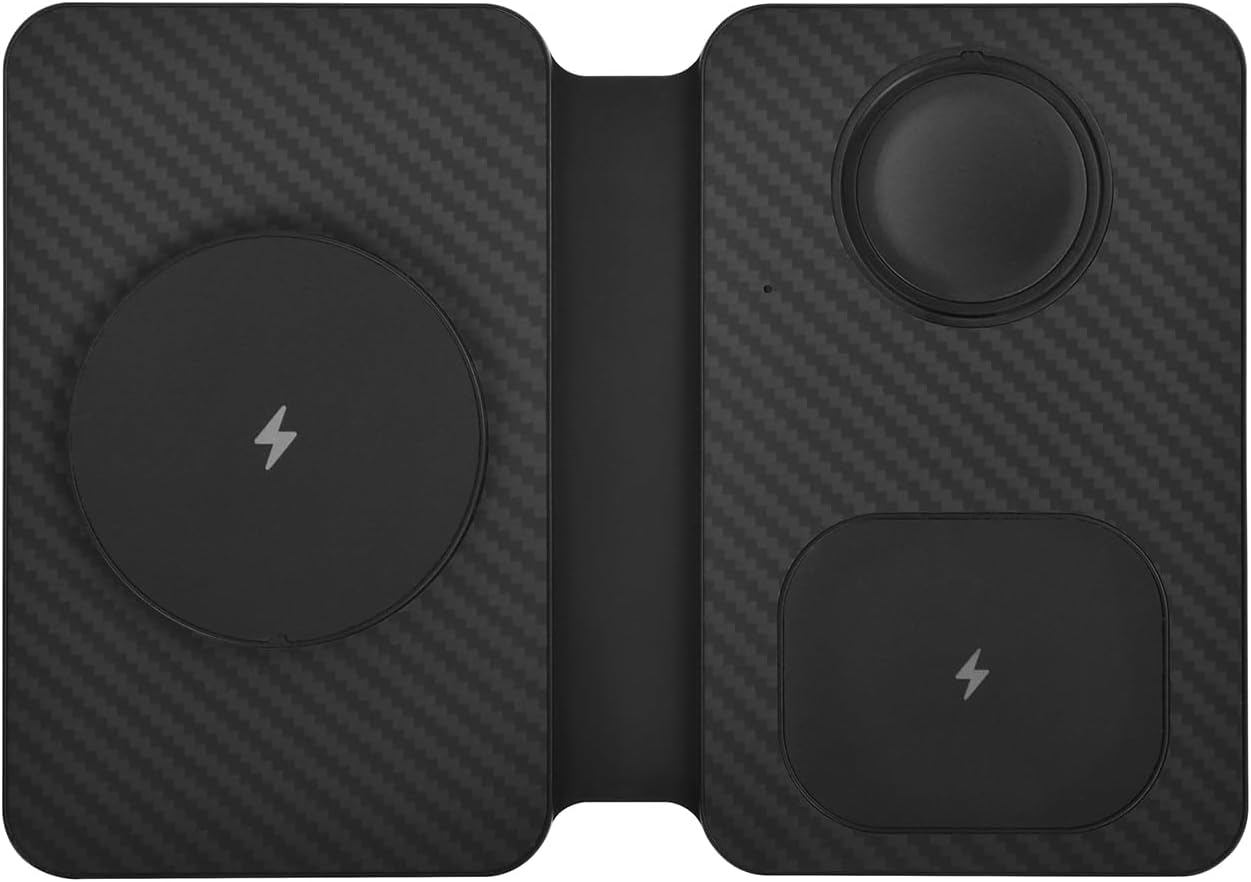3-in-1 Charging Station for Apple Devices, Fast Mag Safe Wireless Charger, Foldable Travel Charger for Cell Phone 16-12 Series, AirPods, and iWatch Series (Carbon Fiber)