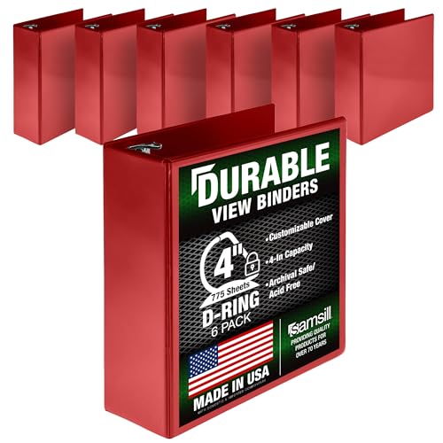 Image of Samsill Durable 4 Inch Binder, Locking D Ring Binder, Customizable Clear View Cover, Red, 6-Pack, Holds 775 Pages