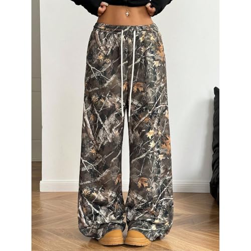 MECH-ENG Women Wide Leg Camo Sweatpants Maple Leaf Print Drawstring High Waist Baggy Camouflage Sweat Pants with Pockets3