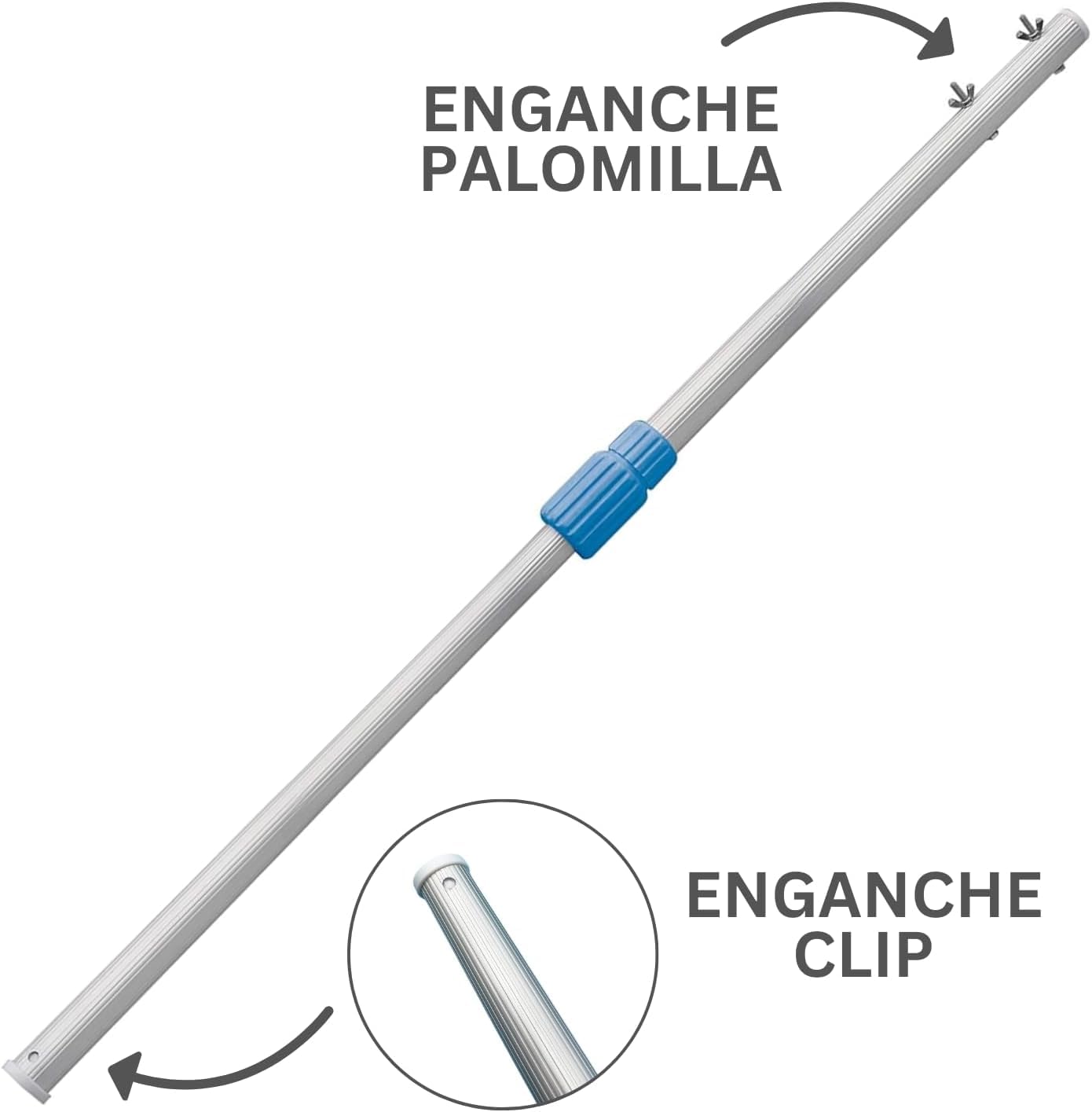 Keeper Pértiga Telescópica Extensible para Piscinas 2,40–4,80 m, Mango de Aluminio Ligero con Doble Sistema Clip y Palomilla, Compatible con Cepillos, Limpiafondos y Recogehojas