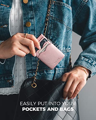Image of VULKIT Credit Card Holder Minimalist Slim Pop Up Wallet with Leather Slots RFID Blocking for Men and Women Holds 7 Cards and Notes Pearl Pink