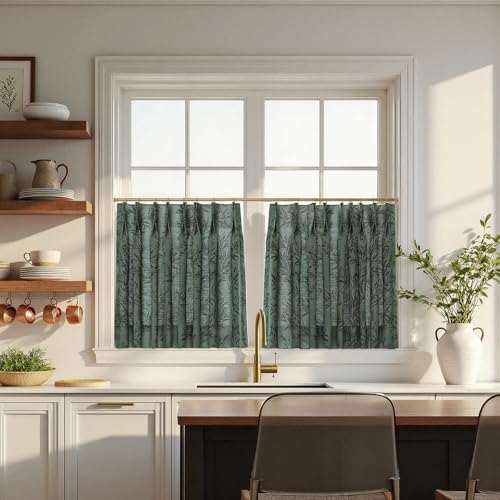 Image of TWOPAGES Pinch Pleat Leaf Print Cafe Curtains, Denim, 26W x 24L