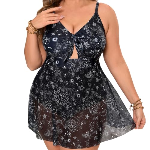 Plus Size Swimsuits for Women 2025 One Piece Swim Dress Front Tummy Control Sheer Mesh Skirt Bathing Suit