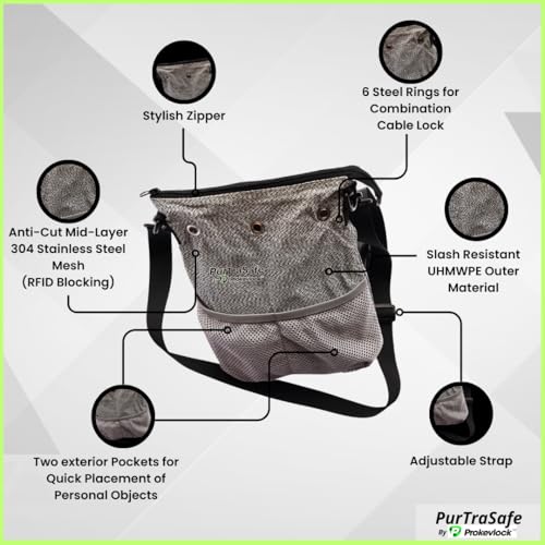 PurTraSafe Anti-Theft Crossbody Purse, UHMWPE & HPPE level V Material, Gray, Portable Key Lock Storage Purse for Travel, Camping, Pool, Beach, and More4