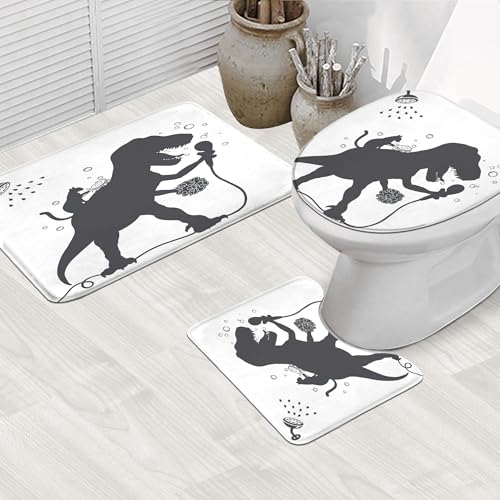 Image of 4PCS Kids Funny Dinosaur 71Wx71H Inches Boys Men Dino Cat Animal Shadow Shower Curtain Sets with Rugs, Toilet Lid Cover and Bath Mat, Cute Bath Accessories Art Home Decor Fabric 12 Pack Hooks