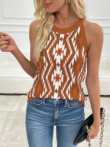 Image of MARZXIN Women Sleeveless Sweater Tank Round Neck Casual Aztec Geometric Knit Sweater Top