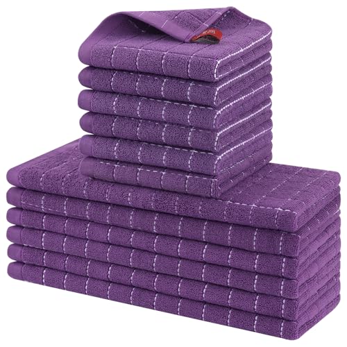 Homaxy Cotton Terry Kitchen Towels and Dishcloths Set of 12, Purple