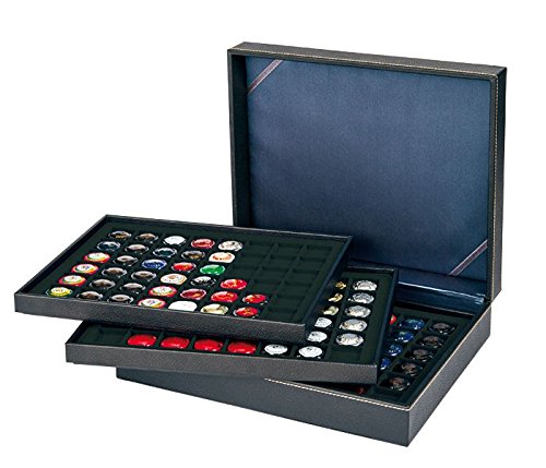 LINDNER Das Original Kasetka na monety NERA XL z 3 otworami i czarnymi wkładkami na monety z 144 kwadratowymi przegródkami na monety/kapsułki do Ø 30 mm lub kapsułki szampana