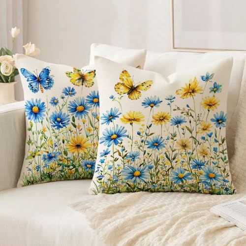 Housse coussin lin 60x60cm double face imperméable bleu - 3