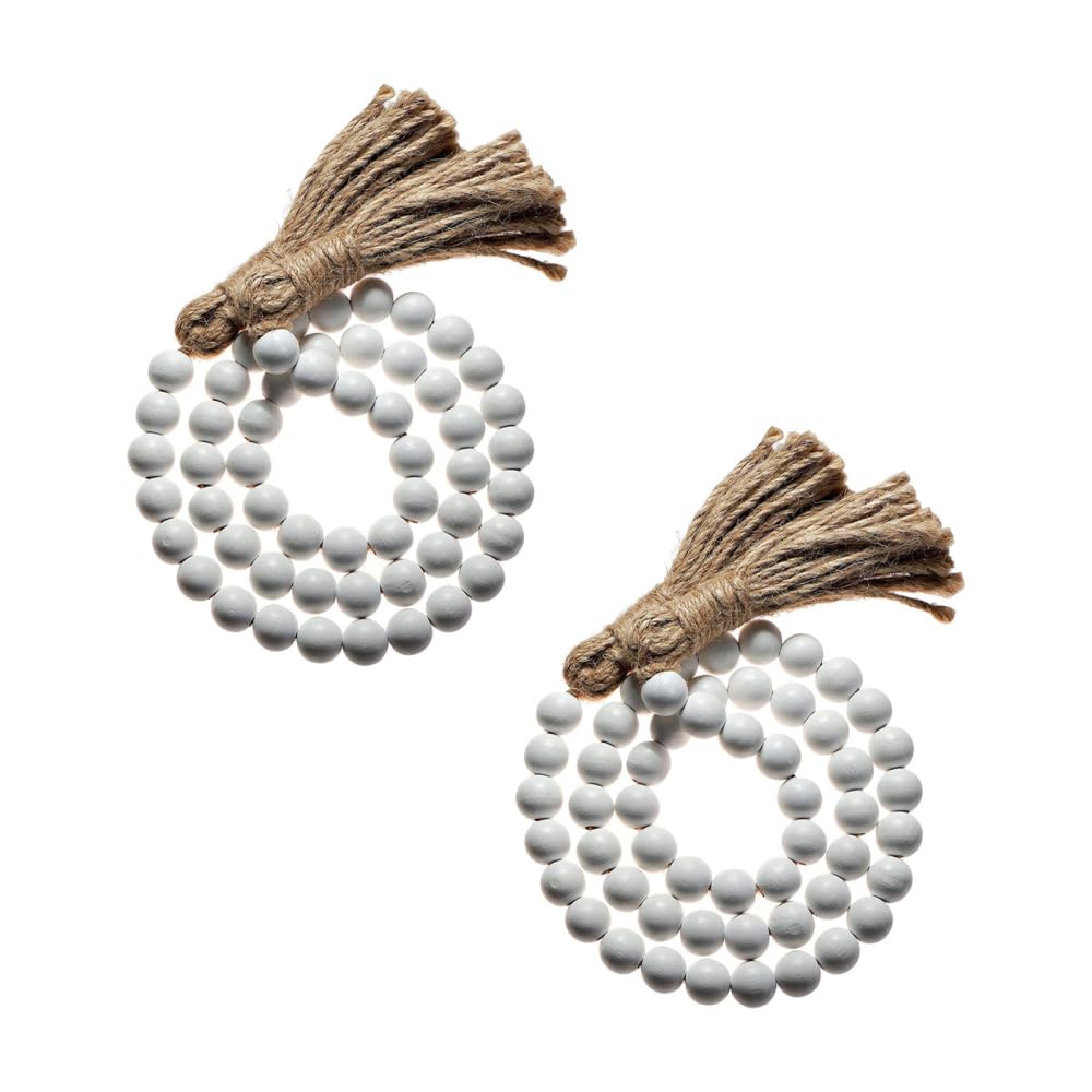 Mioyoow White 2Pcs Wooden Beads String, Farmhouse Wooden Beads Decorative Beads Garland With Tassels For Boho Home Decor Wall Hanging Decoration