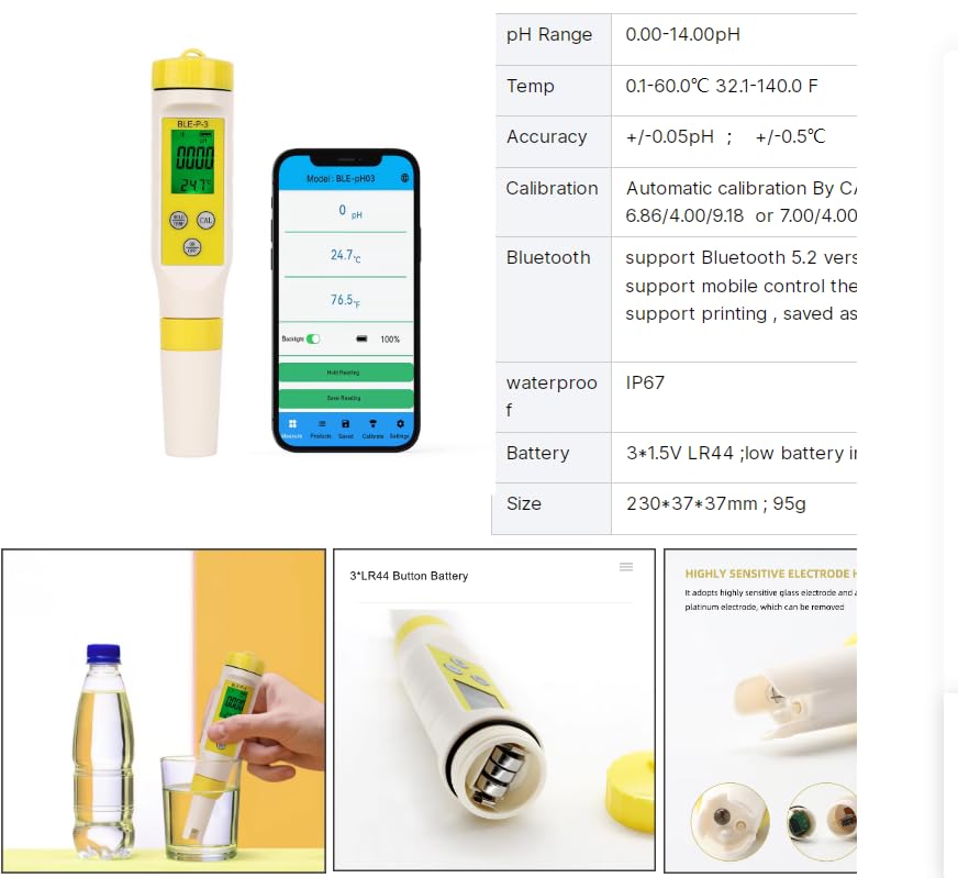 BLE-P-3 pH Meter Specifications Table
