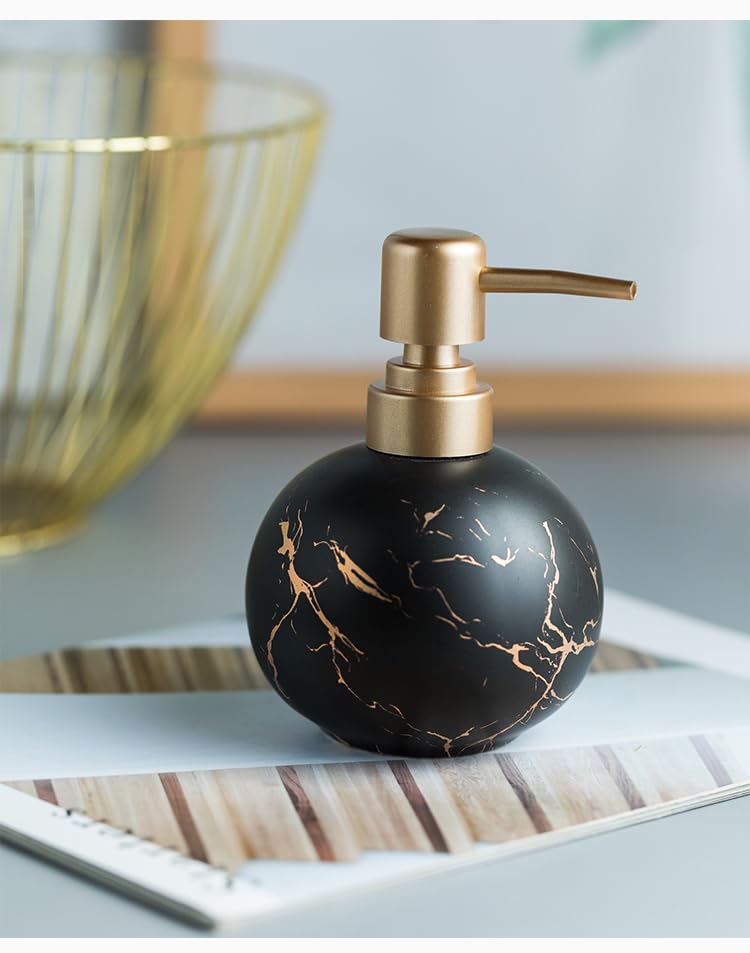 Image of Luxury Ceramic Soap Dispenser (Luxe Black) - 350ml Round Modern Refillable Lotion Shampoo Handwash Bottle Matte Black with Gold Marbling Premium Countertop Accessory for Bathroom, Kitchen & Wash Basin