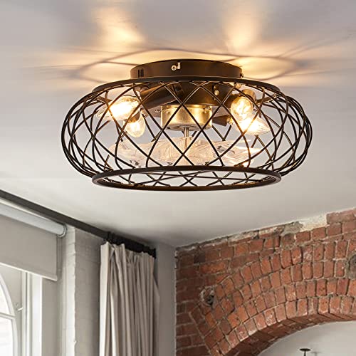 Caged Ceiling Fan with Light 16 In, Bladeless ceiling fan with Remote Control, Low Profile Ceiling Fan with 3-Wind-Speed Adjustable, Farmhouse Ceiling Fans for Living Room, Bedroom, Kitchen, Dining Room