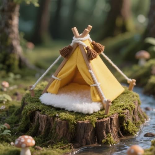 Minamzee 1:12 Puppenhausmöbel Zelt, Fee Stil Miniatur Spitzenzelt mit Teppich, Puppenhaus Zubehör Camping Bett Zelt für Garten, Terrasse, Schlafzimmer, Außenmöbel (Gelbes Campingzelt)