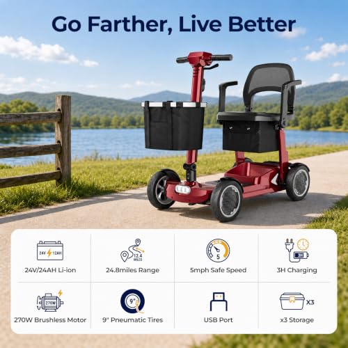 Image of Lightweight Mobility Scooter for Seniors & Adults - Airline & Cruise Approved, 45lb Portable Motorized Scooters with Dual Battery for 24.8 Miles Range, Pneumatic Tires, Red
