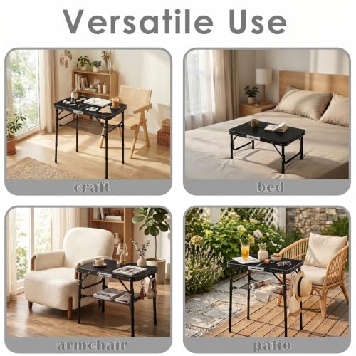 Image of Folding TV Dinner Tray Table, Adjustable Height Sofa Table, Black | Portable Snack Table with Storage Net, Lightweight Aluminum Couch End Table for Living Room, Bedroom, Camping, Patio