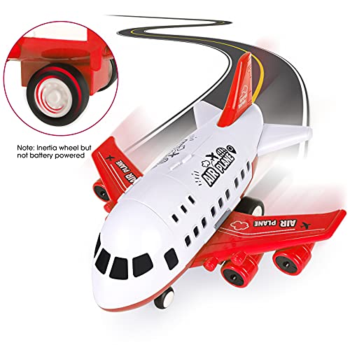 OKYUK Airplane Toy Set with Transport Cargo Airplane and 6pcs Mini Die-Cast Car Toys for 3 4 5 6 Years Old Boys and Girls, Fire Truck Cars for Kids with Road Signs (Red )