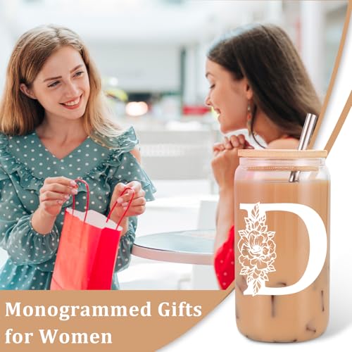 Image of Coolife Initial Glass Cup, Monogrammed Gifts for Women, 16 oz Tumbler w /Lid | Iced Coffee Smoothie Beer Tumbler w /Straw Lid - Personalized Christmas, Birthday Gifts for Woman Her Mom Friend
