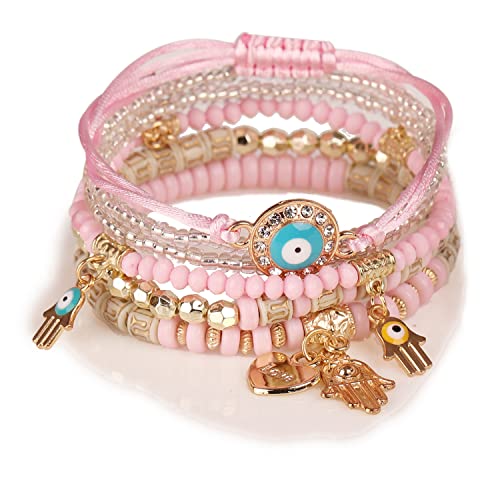 Evil Eye Bracelets Pack Crystal Bohemian Bracelet Set Of 4 Beaded Mexican Bracelets Pack Mixed Hamsa Protection Stretch Bracelets Jewelry For Women Teen Girls -B #TOP4