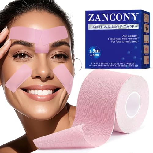 zancony Face Tape for Wrinkles Overnight All in One Hypoallergenic Stretchy Comfort Kinesiology Tape For Face Facial Forehead | Smile Lines | Neck | Double Chin Tighten and Smooth Wrinkle 5cm*5M