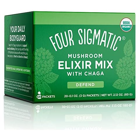 Four Sigma Foods Chaga Mushroom Elixir, Organic Chaga Mushroom Powder with Rose Hips & Mint, Immune Support & Overall Wellness, 20 Counts of 0.1oz (3 G) Cover
