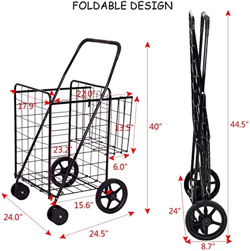 Byroce Utility Folding Shopping Cart, Light Weight Trolley With Handle, Large Grocery Utility Cart With Swiveling Wheels And Dual Storage Baskets, Ideal For Laundry Book Luggage Travel (Black) #TOP6