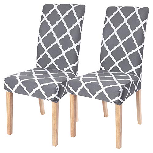 Image of SearchI Dining Room Chair Covers Set of 2, Stretch Geometric Parsons Chair Slipcovers Spandex Removable Washable Kitchen Chair Protector Cover for Dining Room, Hotel, Ceremony (Gray+White)