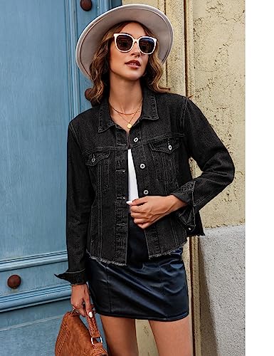 Image of luvamia Denim Jacket for Women Distressed Jean Jackets Button Up Vintage Western Trucker Jacket Frayed Hem Pockets