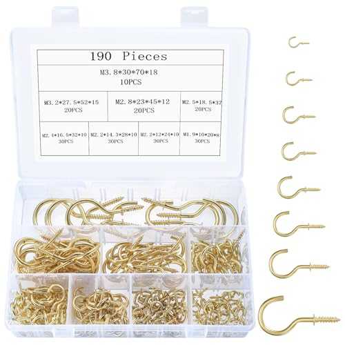 190 Pcs Ganchos de Tornillo, Alcayatas Pared, Ganchos Atornillados para Madera, Ganchos Atornillables, Ganchos de Techo de Metal para Luces de Exterior Tazas Plantas Cocina Jardín(Dorado)