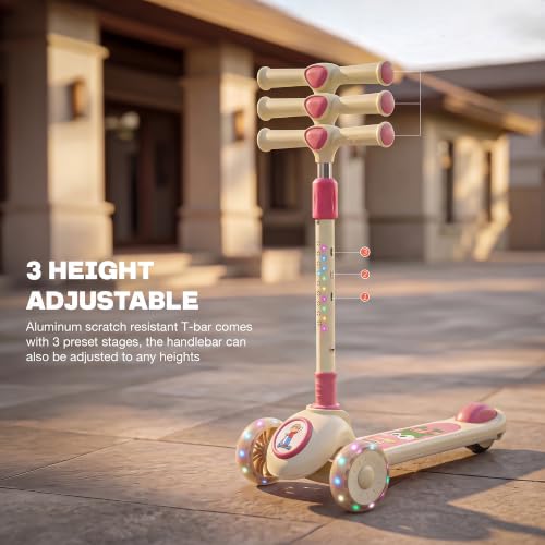 Image of Baybee Rydelle 3 Wheel Kick Scooter for Kids with LED Light Up Wheels & Music | Foldable, 3 Height Adjustable Kid Scooter Handle & Brake | Runner Scooters for Kids 2 to 10 Years Boys Girls (Cream)