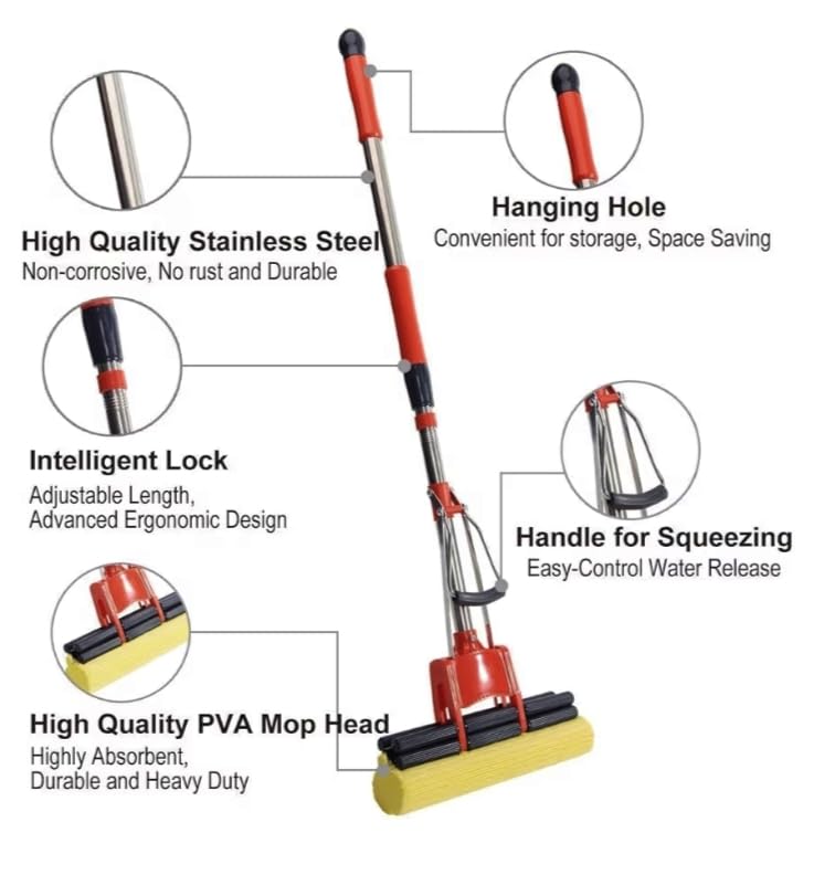 Image of Pranjal Sponge Squeeze Mop - Built-in Squeegee, Super Absorbent Roller, Telescopic Handle for Kitchen, Bathroom & Floor Cleaning (Multicolour)