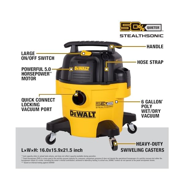 DEWALT 6 Gallon STEALTHSONIC Wet Dry Shop Vac, Powerful Suction & Portable Shop Vacuum with Attachments, Ultra Quiet Heavy Duty Shopvac for Home, Garage, Car, Workshop, Jobsite, DXV06P-QT, 5 Peak HP - Image 7