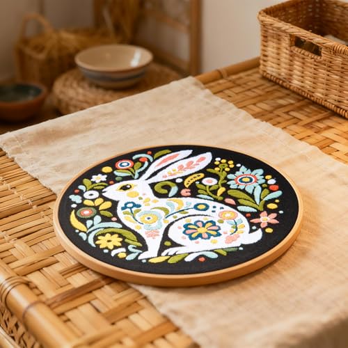 Image of Crafmanoe Embroidery Kits for Beginners Adults, Flowers Rabbit Embroidery Starter Kits, Counted Cross Stitch Kits for Beginners Adults Hobbies Set for Women, Embroidery Hoops, Thread & Video Tutorial